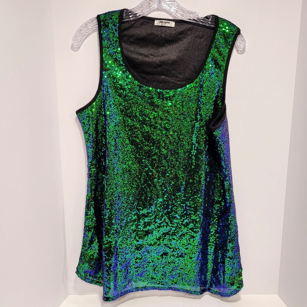 Chameleon Sequin Lined Women's Large Sleeveless Blouse Cami Tank Top Blue Green